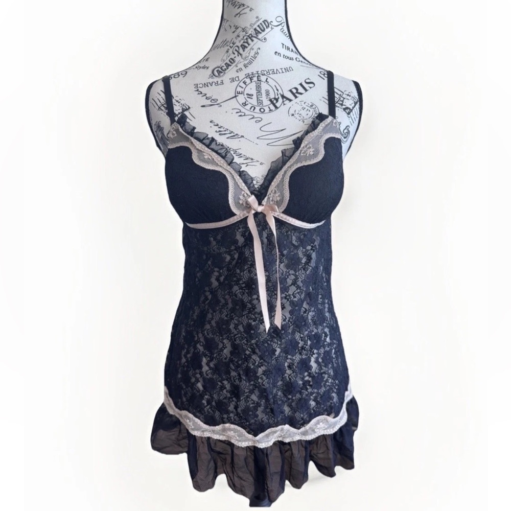 Y2K Linea Donatella Black Lace Babydoll Chemise Lingerie Ruffle fairy whimsy